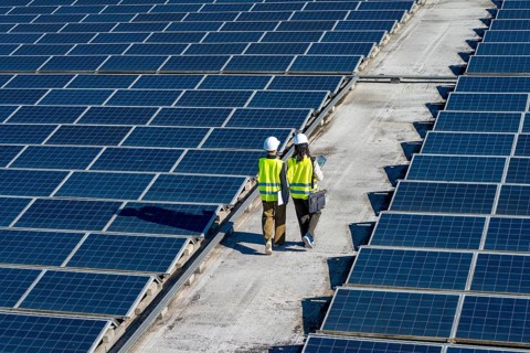 Engineers wearing safety helmets and vests assessing the performance of solar panels on a large