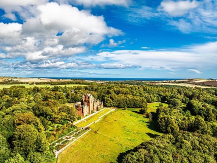 Ayton Castle from a drone, Ayton, Eyemouth, Scottish Borders, Scotland, UK