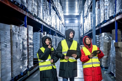 Professionals wearing warm protective clothing and high visibility vests checking inventory levels