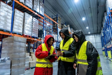 Diverse team in cold storage gear and high visibility vests using barcode scanner and tablet to