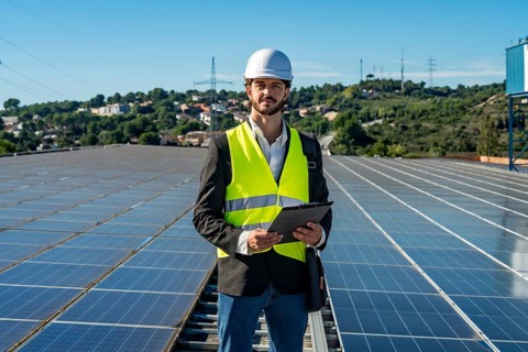 Engineer in hard hat and safety vest standing on a rooftop of solar panels holding a clipboard,