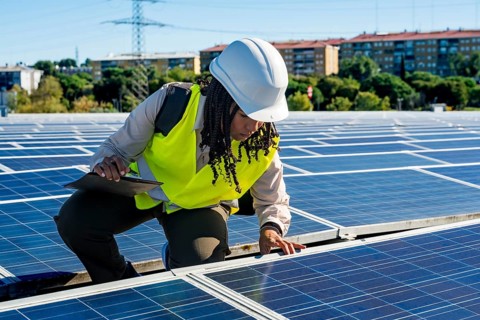 Woman engineer in safety hard hat and vest inspecting photovoltaic solar panels on a commercial