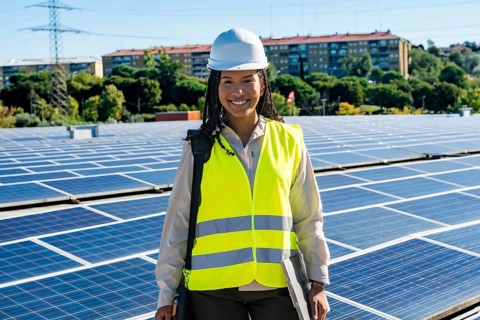 Smiling female engineer standing on a rooftop full of solar panels, wearing a hard hat and safety