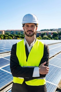 Young man engineer with a beard wearing a hard hat and safety vest, standing with crossed arms on a