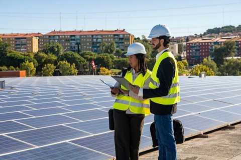 Two engineers wearing hard hats and safety vests reviewing documents on a tablet and clipboard,