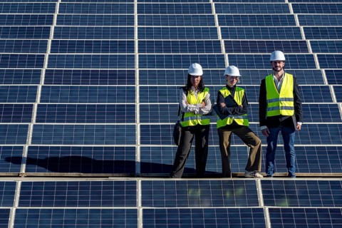 Engineers in hard hats and vests working on a vast solar panel installation, representing