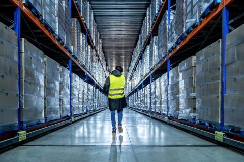 Worker in high visibility clothing walking down a long aisle between rows of elevated racks packed