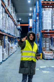 Warehouse worker in warm clothing and safety vest holding a barcode scanner and giving thumbs up