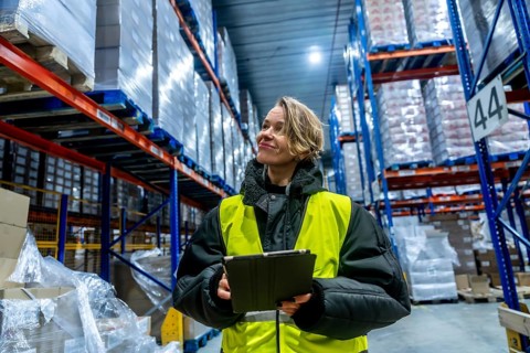 Woman worker managing cold storage logistics, wearing a warm jacket and reflective vest, holding a
