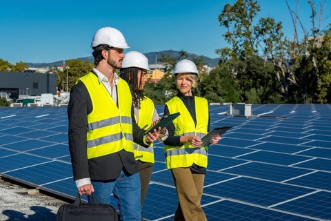 Team of diverse engineers and technicians wearing hard hats and high visibility vests inspecting a