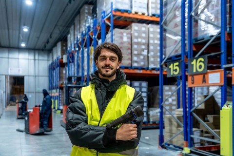 Worker smiling at the camera, holding an inventory scanner while standing in a cold storage