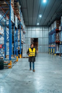 Male worker wearing a safety vest and winter jacket managing inventory in a large, modern cold