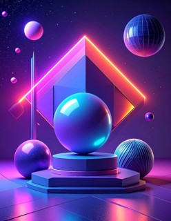 Abstract modern objects, futuristic art with neon gradients and geometric shapes. spheres, cubes