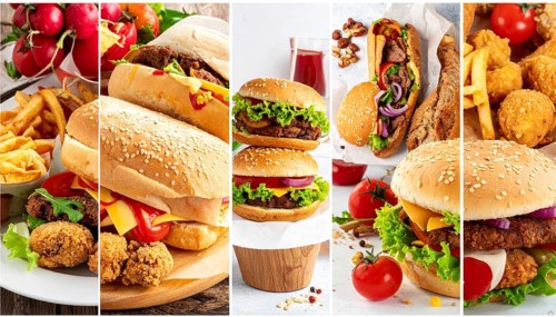 Collage of various fast food meals. beagles, hamburger, cheeseburger, french fries and a view green
