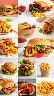 Collage of various fast food meals. beagles, hamburger, cheeseburger, french fries and a view green