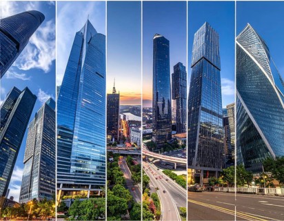 Collage of skyscrapers of a metropolitan city, various skylines with different blue sky in sunset,