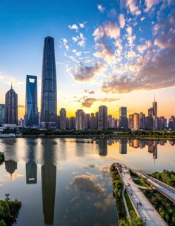 Collage of skyscrapers of a metropolitan city, various skylines with different blue sky in sunset,