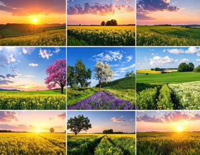 Collage of spring and summer landscapes, blooming flowers, green meadows and trees, hilly landscape