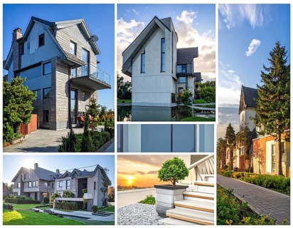 Collage of real estate residential building, modern architecture style, surrounded by green garden,