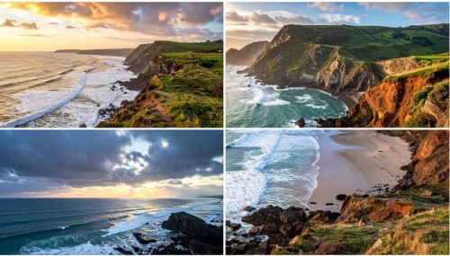 Collage of coastal landscapes with cliffs and shore break, spectacular nature, cloudy sky with