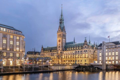 Hamburg City Hall with Little Alster in the foreground at Blue Hour, Hamburg, Germany