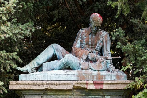 Colonial War Memorial, head sprayed with red paint, in commemoration of the Herero and Nama