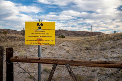 Jeffrey City, Wyoming - 'No Trespassing' signs adorn the perimeter of a former uranium mine and