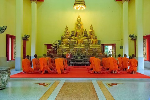 Buddhist monks in the prayer hall pray while praying in front of golden statues of Buddha in