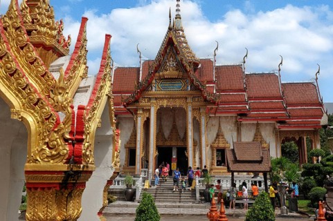 Temple with staircase in Wat Chalong temple complex, Wat Chaithararam, Phuket Island, Phuket