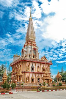 Pagoda with high point pointed tower in Wat Chalong pilgrimage site, Wat Chaithararam, Phuket