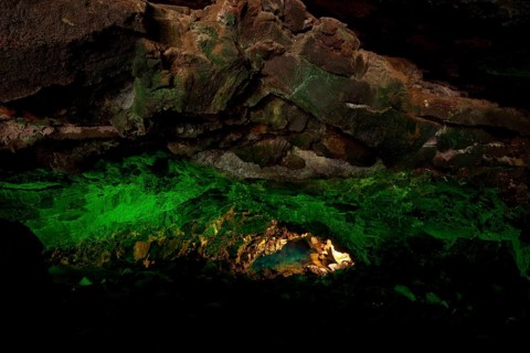 Light installation in a water-bearing cave with water Jameos del Agua1968 Center for Art Culture