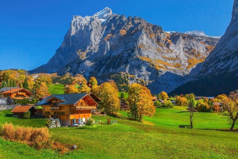 Typical rural and holiday homes with Wetterhorn 3690m in autumn, Grindelwald, Lütschinental,
