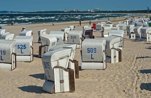 Beach chairs on the sandy beach of the seaside resort of Ahlbeck, Usedom Island,