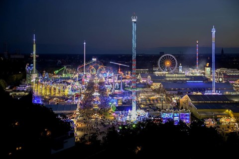 View of Oktoberfest from St. Paul's Catholic Church, Blue Hour, Munich, Bavaria, Germany
