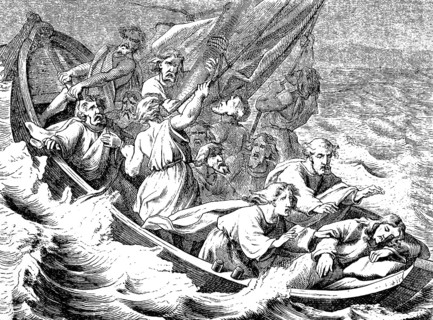 Jesus sleeping on his pillow in a storm, Gospel of Mark, chapter 4, open wooden boat, disciples of