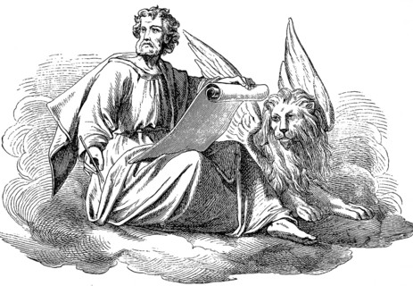 Start of the Gospel of Mark, Apostle Saint Mark, lion with wings, Mark's lion, scroll, pen, cloud,