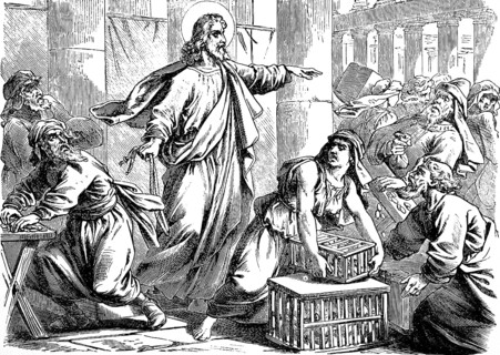 Jesus drives buyers and sellers out of the temple in Jerusalem, Gospel of Mark, chapter 12, murder