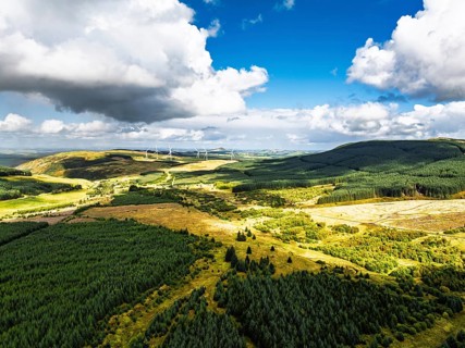 Wind Farm from a drone, Roxburghshire, Roxburgh, Southern Uplands, Scotland, UK