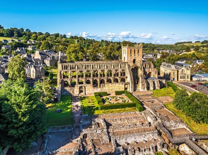 Jedburgh Abbey from a drone, Augustinian Abbey, Jedburgh, Scottish Borders, Scotland, UK