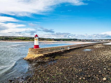 Berwick Pier and Lighthouse from a drone, Berwick-upon-Tweed, England, United Kingdom