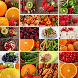 Food collage of various biological and organic fruits and vegetables, fresh healthy lifestyle, with