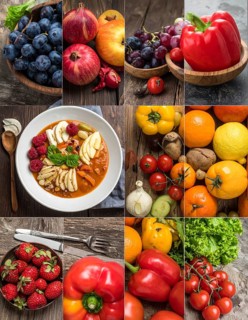 Food collage of various biological and organic fruits and vegetables, fresh healthy lifestyle, with