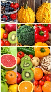 Food collage of various biological and organic fruits and vegetables, fresh healthy lifestyle, with