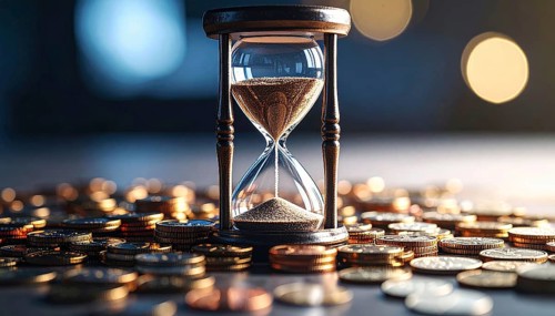 Hourglass and stacked golden coins, illustrating currency fluctuation and time impact commodities