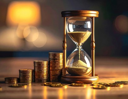 Hourglass and stacked golden coins, illustrating currency fluctuation and time impact commodities