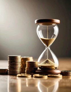 Hourglass and stacked golden coins, illustrating currency fluctuation and time impact commodities