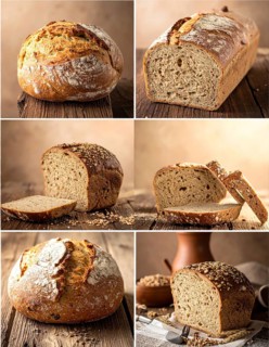 Collage of rustic loaf of whole grain bread, bread on dark rustic wooden table, great variety of
