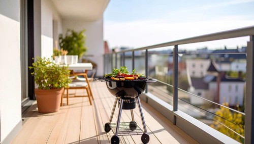 Cooking vegetables on grill on the balcony, healthy lifestyle, vegetarian barbeque, leisure time in