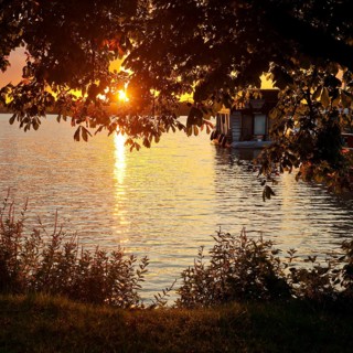 Atmospheric sunset over Lake Gudelack, Lindow (Mark), Stechlin-Ruppiner Land nature park Park,