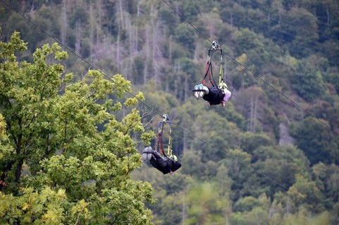 Megazipline cable car in the Harz Mountains across the Rappbode Reservoir, Saxony-Anhalt, Germany